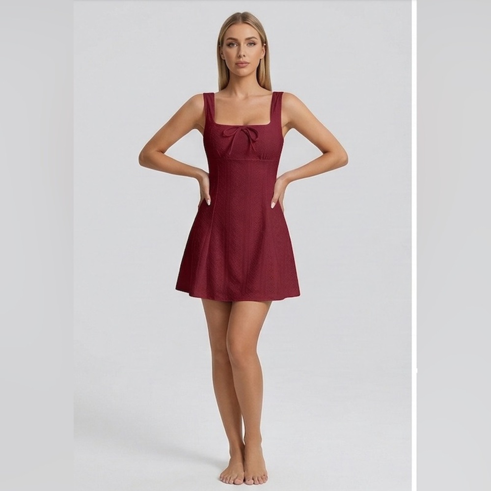 Square Neck  Eyelet  A-Line Sun Dress Burgundy - Picture 2 of 10